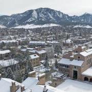 Aerial view of a snowy campus